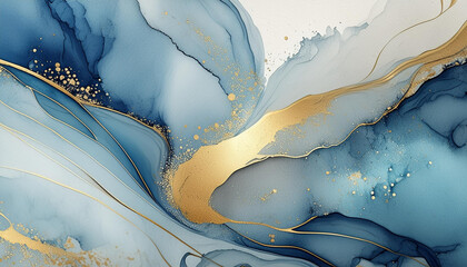 Abstract blue art with gray and gold — light blue background with beautiful smudges and stains made with alcohol ink and golden paint. Blue fluid texture poster resembles watercolor or aquarelle.