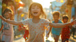 A picture of a little Asian girl on Children's Day, dressed in light colors and grinning broadly as she runs around the streets with other kids in her vicinity.
