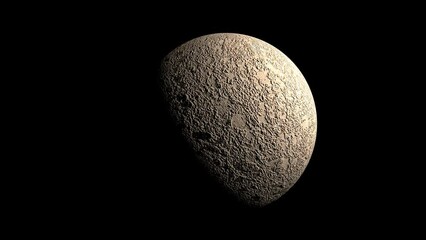 Wall Mural - Yellow planet with a cratered surface. A cosmic body is spinning in a dark universe.