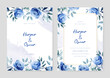 Blue rose luxury wedding invitation with golden line art flower and botanical leaves, shapes, watercolor
