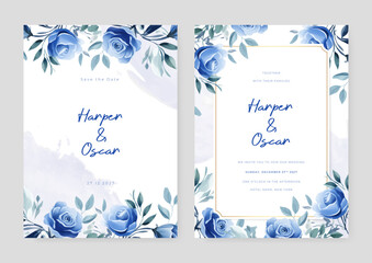 Fototapete - Blue rose luxury wedding invitation with golden line art flower and botanical leaves, shapes, watercolor