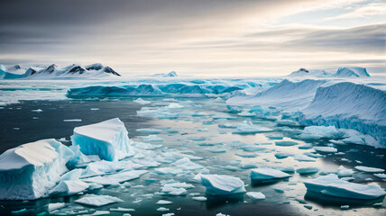 Iceberg melting and floating above lake 