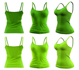 2 Set of woman dark light green lime, front, back and side view Spaghetti thin strappy Strap Camisole tank cami Top on transparent cutout, PNG file. Mockup template for artwork graphic design