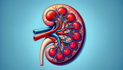 Wall Mural - human kidney cross-section, showing the renal artery and vein, as well as the complex internal structure of the nephrons and collecting ducts. 3d illustration.