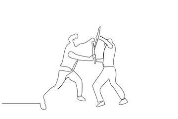 two men warrior businessman sword fight defense one line art design vector