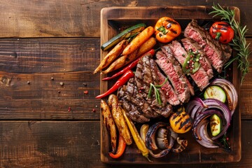 Wall Mural - A flat lay of a wooden cutting board topped with grilled steak slices and vegetable spears