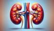 anatomically stylized illustration of human kidneys against a soft blue background, emphasizing the organ’s structure and vasculature with vibrant colors. 3d illustration.