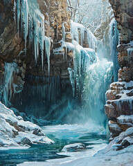  A magical winter landscape featuring a partially frozen waterfall surrounded by snow-covered rocks and trees