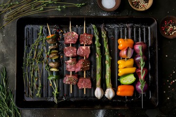 Wall Mural - An overhead view of a grill sizzling with meat and vegetables being cooked to perfection