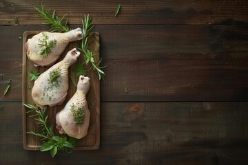 Wall Mural - Overhead view of raw chicken legs on a wooden cutting board with fresh herb sprigs