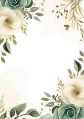 Wall Mural - White and green watercolor hand painted background template for Invitation with flora and flower