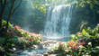 A hidden waterfall cascading through a lush jungle, sunlight filtering through the dense foliage and illuminating the mist rising from the falls