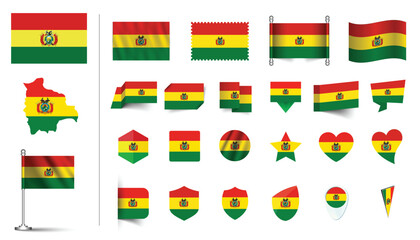 Wall Mural - set of Bolivia flag, flat Icon set vector illustration. collection of national symbols on various objects and state signs. flag button, waving, 3d rendering symbols