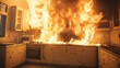 Intense interior view of a home kitchen in flames