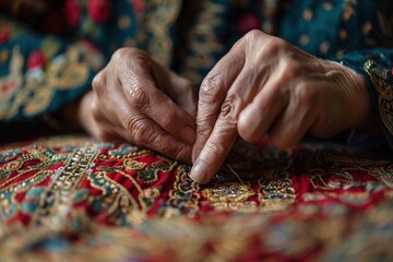 Wall Mural - A close-up of a woman's hands crafting intricate textile patterns