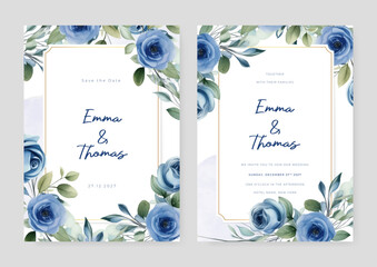 Poster - Blue rose beautiful wedding invitation card template set with flowers and floral