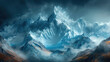 A majestic mountain range shrouded in mist, with snowcapped peaks and dark clouds overhead. Created with Ai