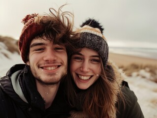 Wall Mural - A man and a woman are smiling at the camera, both wearing hats