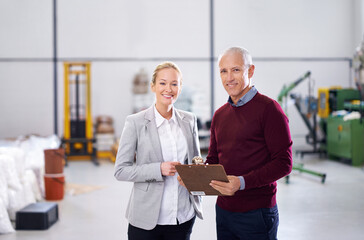 Poster - Checklist, teamwork or portrait of people in warehouse for stock in workshop, supply chain or production. Woman, clipboard or happy managers in factory for industrial process, inspection or resources