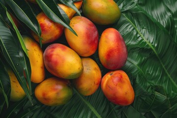 Wall Mural - A bunch of mangoes are on a leafy green background