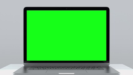 Laptop Computer with Green Screen for Chroma Key. Zoom In on Mock Up of Working PC with Greenscreen for Chromakey on White Color Background. Web Presentation of Electronic Object with Horizontal View