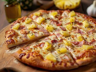 Wall Mural - A slice of pineapple pizza is on a wooden cutting board