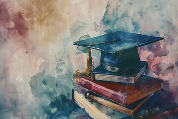 Wall Mural - A painting of a graduation cap and books stacked on top of each other