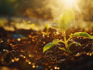 A small plant is growing in the dirt