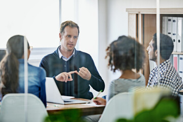 Sticker - Meeting, communication and collaboration with business people in public relations discussion in office. Planning, table and manager with team in training with advice and conversation of a businessman