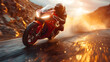 Powerful Motorcycle Surging Forward in Dramatic Motion through Winding Mountain Road at Sunset