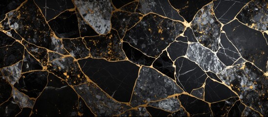 Wall Mural - A detailed closeup of a black and gold marble texture, resembling a luxurious landscape with intricate patterns and a mix of colors