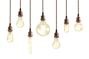 Retro incandescent bulbs of different shapes. Decorative antique edison style filament light bulbs. Realistic vintage glowing light bulbs