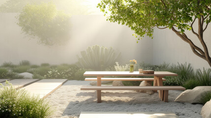 A wooden picnic table with two benches sits in front of a tree