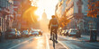 Man bicycle and environmentally friendly transport for commute transportation and travel sunrise, 
