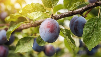 Poster - Fruits of blue plum on a branch with green leaves close-up