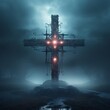  Digital code and fog entangle around a Cross