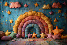 The Wall Had Colorful Stars And Rainbows, Small Clouds, Lots Of Pillows, And A Backdrop For Photography. It Was In The Style Of Small Clouds And Lots Of Pillows. Created With Ai