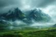 A misty mountain range with lush green grass and clouds swirling around the peaks. Created with Ai