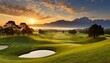朝日が見える早朝のゴルフ場