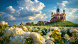 White roses in a garden and an orthodox church in a distance