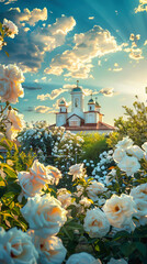 Wall Mural - White roses in a garden and an orthodox church in a distance