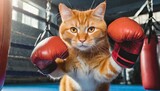 Fototapeta  - オレンジ猫のファイトポーズ ボクシング ジム