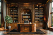 luxury wooden office with bookshelves and desk, classical interior design style. Created with Ai