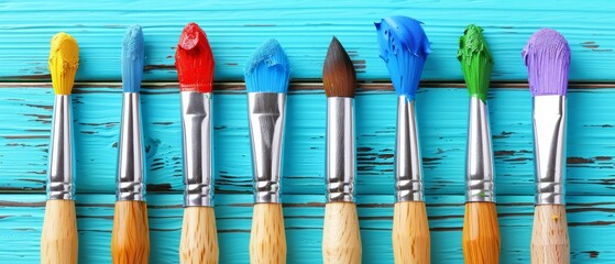   A line of paintbrushes on a blue wall with various paint colors