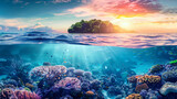 Fototapeta Do akwarium - A coral reef with a vibrant sunset in the background, showcasing the colorful marine life and the sun setting on the horizon