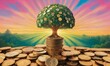 Money concept, tree growing on a stack of coins. Earnings concept