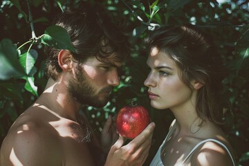 Wall Mural - Adam and Eve with an apple. The concept embodies temptation and choice.	