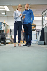 Aufkleber - Manager, woman and online tablet in factory for production monitoring, inventory or order management and inspection. Team, digital tech and warehouse for printing material and distribution industry.