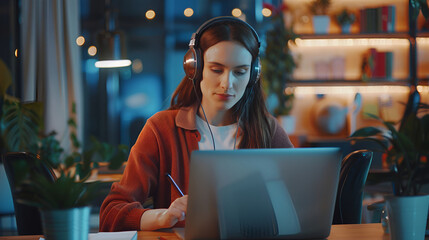 Wall Mural - Young Project Manager with Headphones Working on Laptop Computer in Creative Office Environment. Beautiful Female Specialist is Writing Business Strategy, Using Digital Tablet to Take Notes 