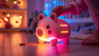 A child's hand placing a coin into a high-tech piggy bank with LED progress bars, in a playful and vibrant setting
